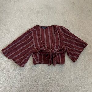 American Eagle Outfitters Red 3/4 Sleeve Tie Front Crop Blouse